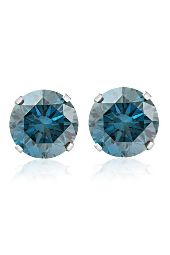 1 1/4Ct T.W. Round Blue Diamond Studs in 14k White Gold Lab Grown (Blue,SI)