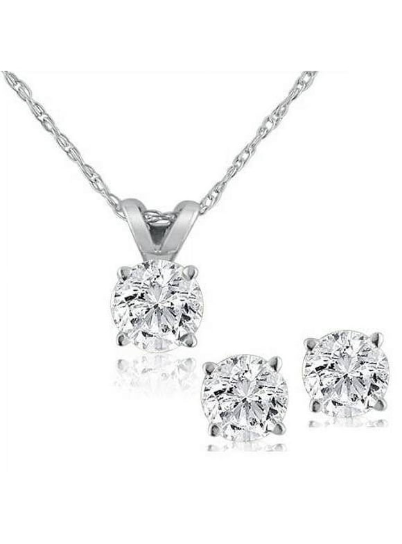 Pompeii3 1/2 ctw Diamond Solitaire Necklace & Studs Earrings Set 14K White Gold
