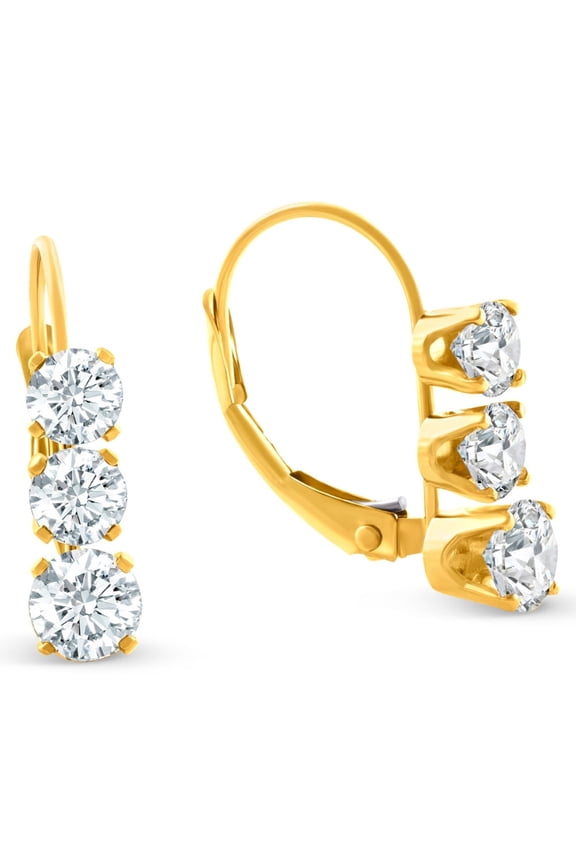 Pompeii 1/2ct 3 Stone Diamond Earrings 14K Yellow Gold Lever Back Hoops (G/H,I2)