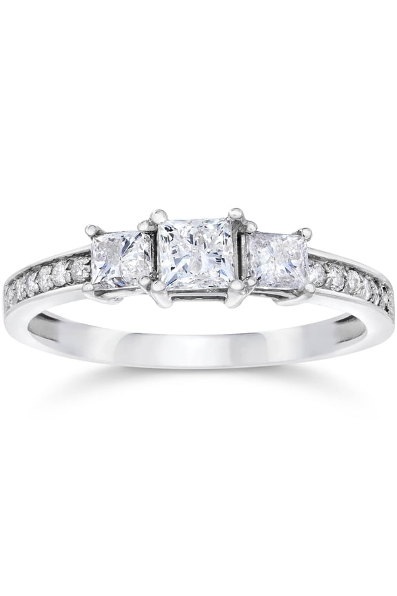 1/2Ct Three Stone Princess Cut Diamond Engagement Ring 14K White Gold (H,SI2)