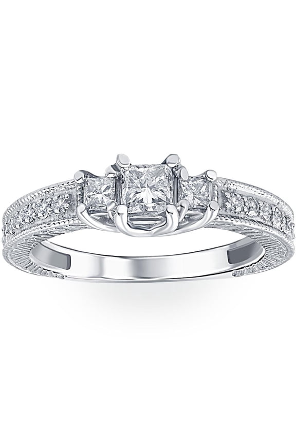 Pompeii 1/2ct Vintage Three Stone Princess Cut Diamond Engagement Ring 14K White Gold