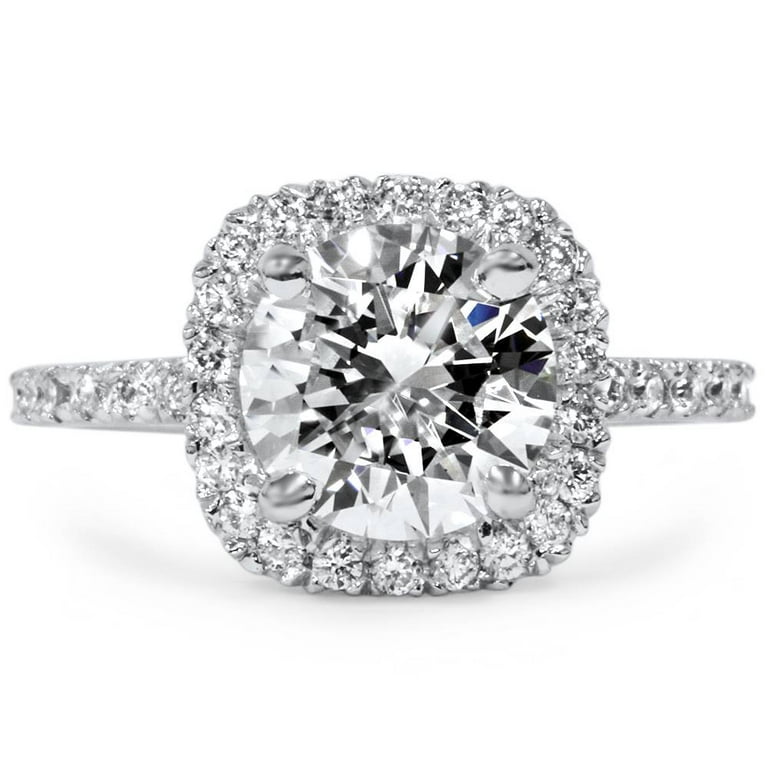 Round Diamond Halo Engagement Ring, .90 Carat Center, 14K White Gold