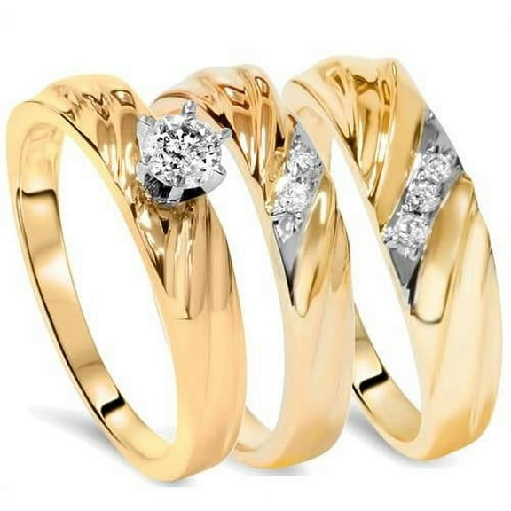 Pompeii 1/3ct Diamond Engagement Trio Wedding Band Set 14K Yellow Gold (G/H,I1-I2)