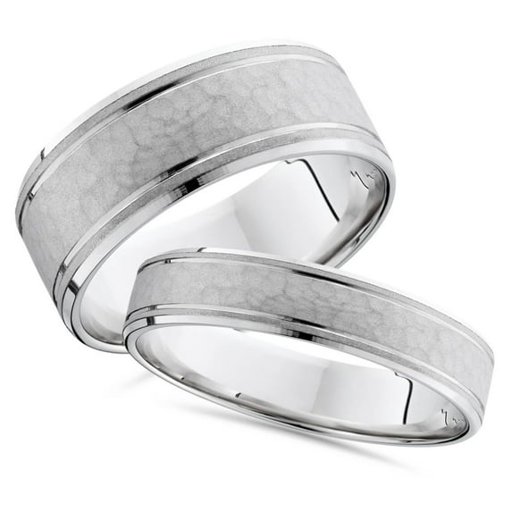 Pompeii3 8/4mm Hammered His Hers Wedding Band 14K White Ring Set