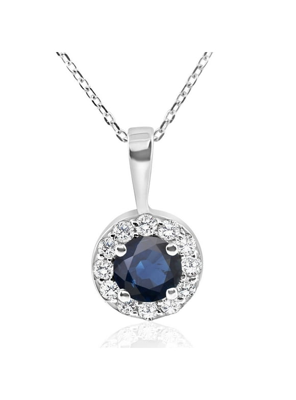Pompeii3 1 ct Blue Sapphire & Diamond Halo Pendant 14k White Gold & 18" Chain