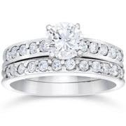 Pompeii 1 Carat Diamond Engagement Ring Matching Wedding Band Prong Set 14K White Gold