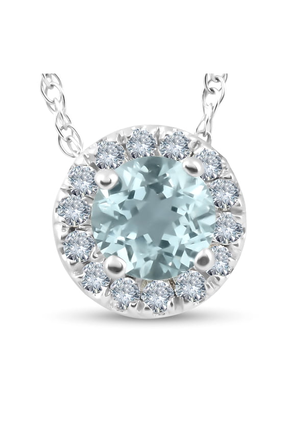 Pompeii 3/4ct Round Diamond & Aquamarine Halo Solitaire Pendant Necklace 14k White Gold