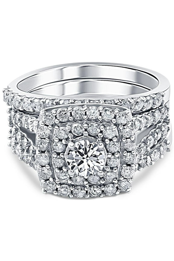 Pompeii 3 ct Diamond Engagement Wedding Cushion Halo Trio Wedding Ring Set White Gold
