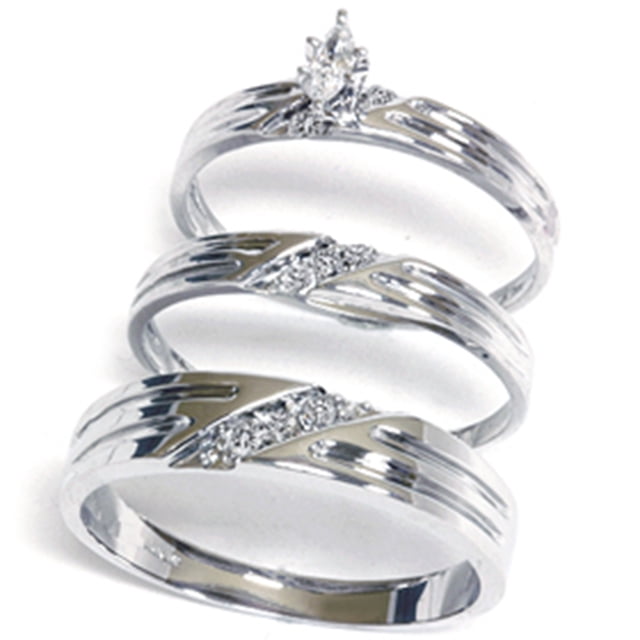 Bague De Fiançailles Et Alliance Trio En Argent Sterling Avec Diamant Simulé, Blanc, Taille Adjustable
