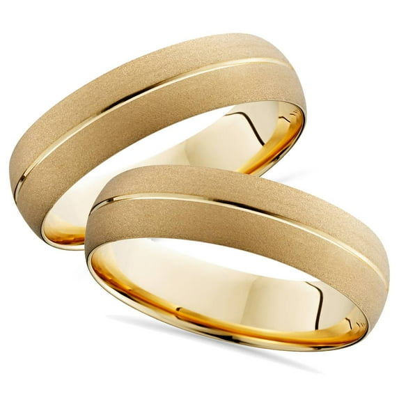 Pompeii3 Gold Matching His Her Wedding Band Brushed Ring 14K Set
