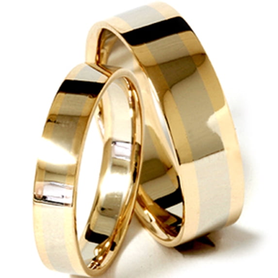 Pompeii3 Gold Two Tone Matching His Hers Wedding Band Ring Set