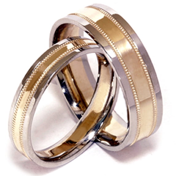 Pompeii3 White & Yellow Gold Two Tone His Hers Wedding Band Set