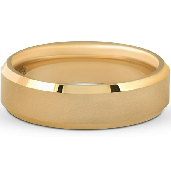 Pompeii3 Men's Gold Plated Tungsten Ring 6mm Comfort Fit Brushed Beveled Edge Wedding Band