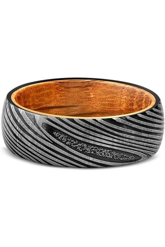 Men's Tungsten & Whiskey Barrell 8mm Ring Damascus Pattern Wedding Band