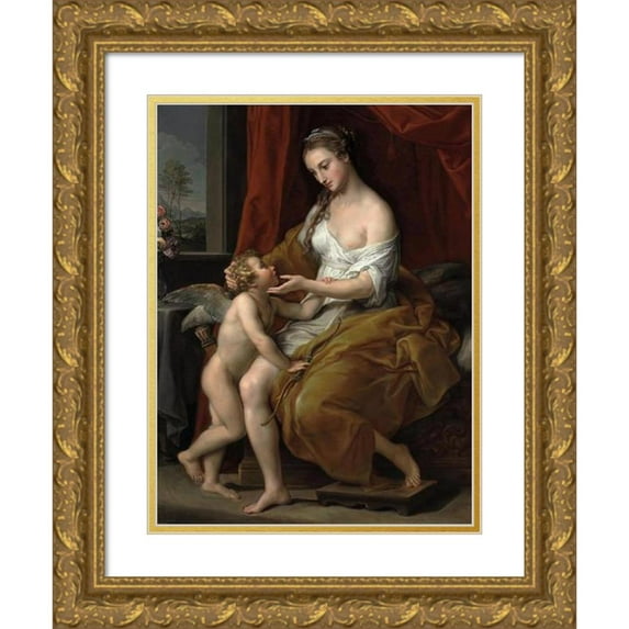 Pompeo Batoni 11x14 Gold Ornate Wood Frame and Double Matted Museum Art Print Titled - Venus Caressing Cupid (1774)