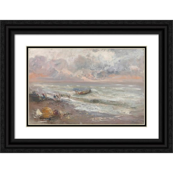 Pompeo Mariani 14x11 Black Ornate Wood Framed Double Matted Museum Art Print Titled: Back from Fishing, Bordighera (1908)