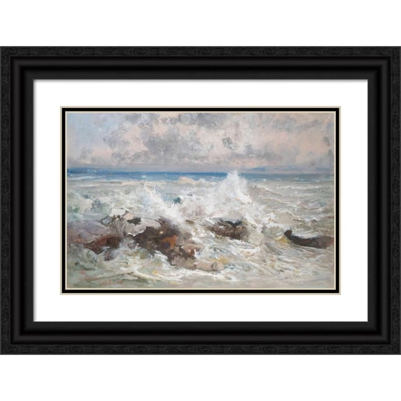 Pompeo Mariani 18x13 Black Ornate Wood Framed Double Matted Museum Art Print Titled - Waves Crashing on the Rocks at Bordighera (1919)