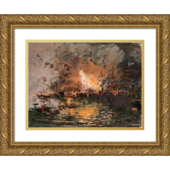 Pompeo Mariani 18x15 Gold Ornate Wood Frame and Double Matted Museum Art Print Titled - Boat on Fire in a Harbour