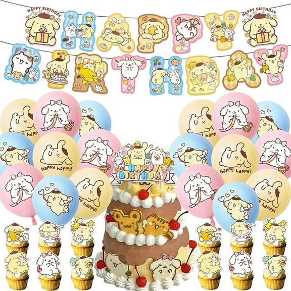 Pompo-mpurin Birthday Decorations Party Supplies Theme Party Favor Include Happy Birthday Banner, Cake Topper, Balloons, Cupcake Toppers