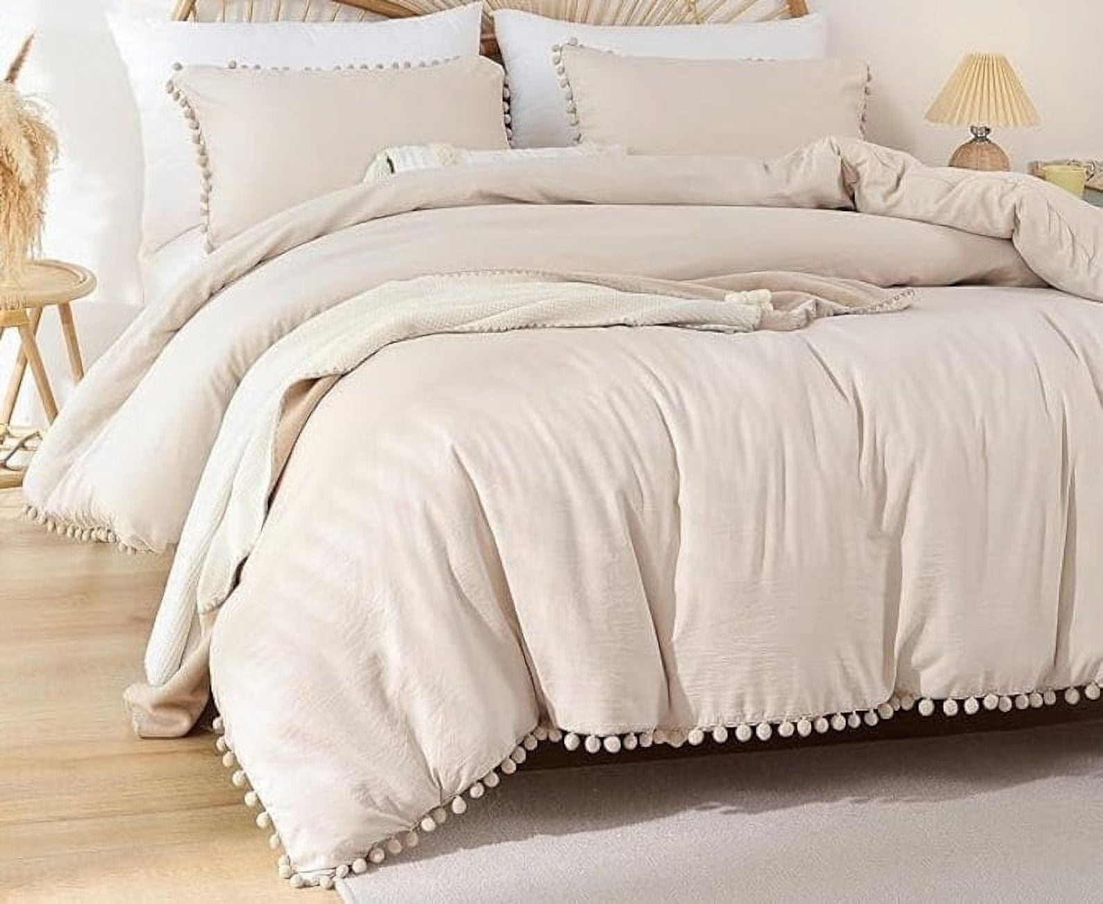 Pompom Cotton Duvet Cover Beige 3 Piece - Ultra Soft And Easy Care Bedding Set Organic Boho Bedding Twin, Duvet Cover Set of Duvet