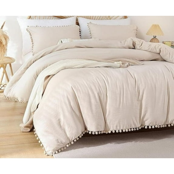 Pompom Cotton Duvet Cover Beige 3 Piece - Ultra Soft And Easy Care Bedding Set Organic Boho Bedding Twin, Duvet Cover Set of Duvet
