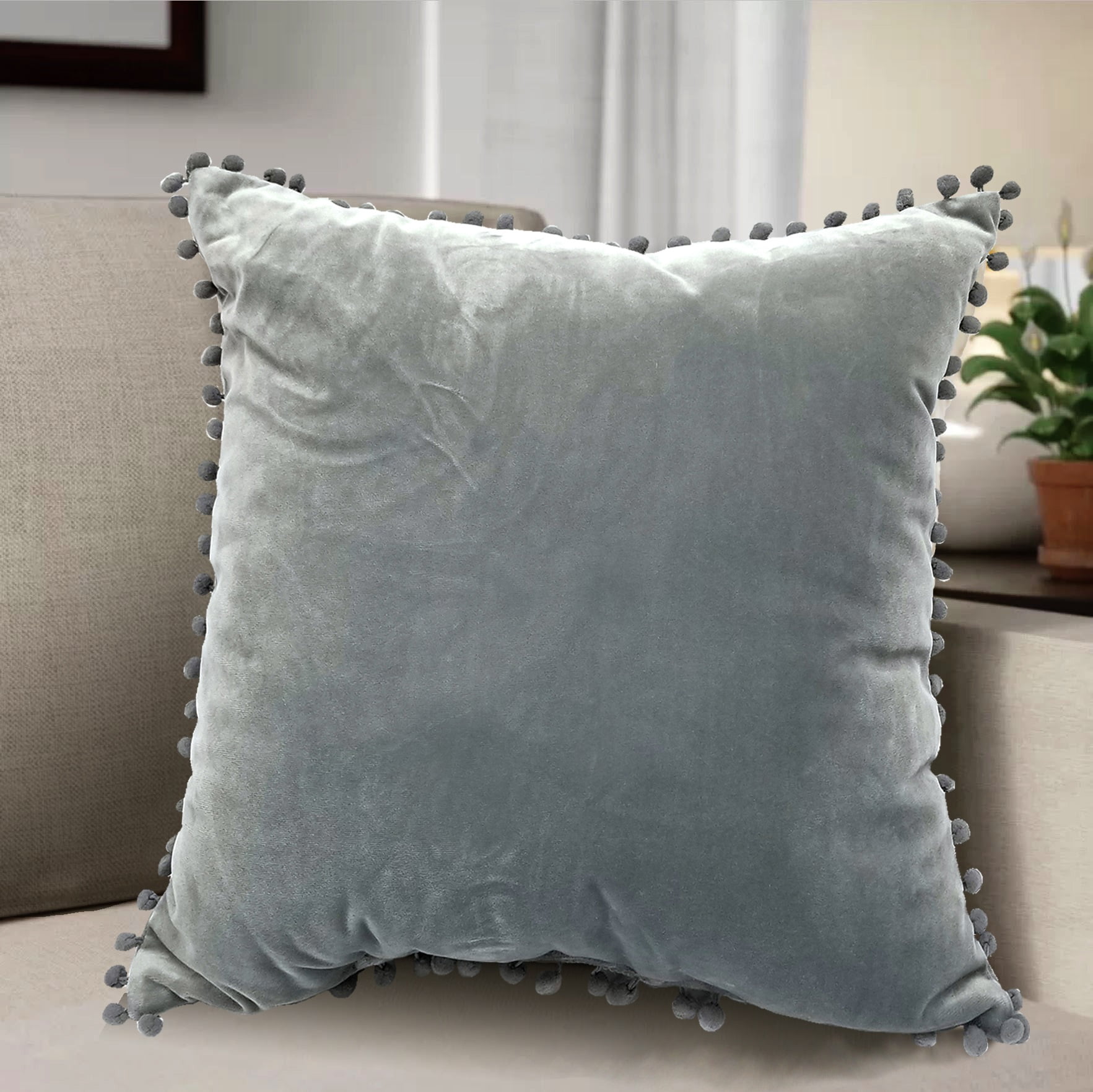 Gray Chenille Square Throw Pillow with Pom Poms