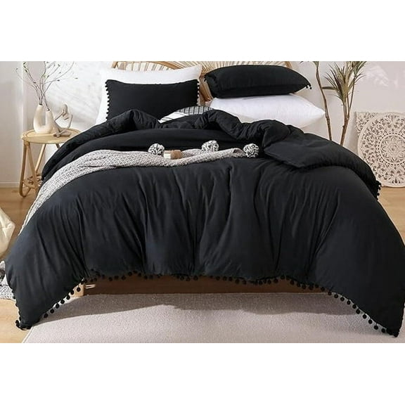 Pompom Duvet Cover Set For Bedroom Boho Bedding Set Breathable Black Color Quilt Cover 8Corner tie For Closure Zipper Bohemian Bedding Set