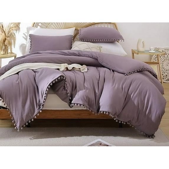 Pompom Duvet Cover Set For Bedroom Boho Duvet Cover Set Breathable Purple Quilt Cover 8Corner tie For Closure Zipper Bohemian Bedding Set