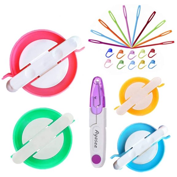 Pompom Maker Kits, Pom pom Knitting Loom Kit Fluff Ball Weaver Needle Craft DIY Crochet Tool Kit, 4PS Maker+10PS Stitch Markers+10PS Plastic Needles+1PS Scissors(25)