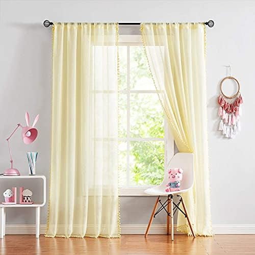 Pompom Sheer Yellow Curtains for Living Room Bedroom Nursery Room 72 ...