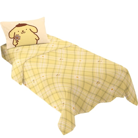 Pompompurin 3 Piece Yellow Gingham Print Sheet Set, Twin, Sanrio