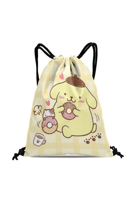 Pompompurin Drawstring Bag:Waterproof design, suitable for fitness, hiking, yoga, swimming, travel, beach, and shopping, measuring 15.7*17.7 inches.