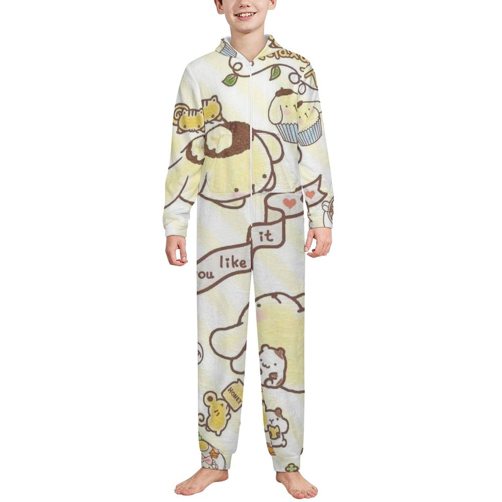 Pompompurin Fleece Onesie Pajamas Kids ZipFront Hooded Sleepwear For