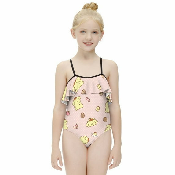 Pompompurin Girls One Piece Swimsuits Hawaiian Ruffle Swimwear Beach Bathing Suit Outfits