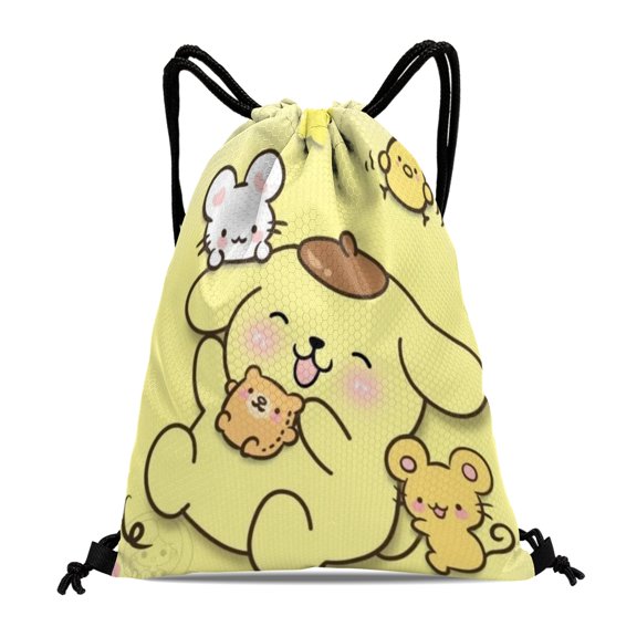 Pompompurin Gym Drawstring Backpack:Waterproof design, ideal for hiking, yoga, swimming, travel, beach, and shopping, measuring 15.7*17.7 inches.