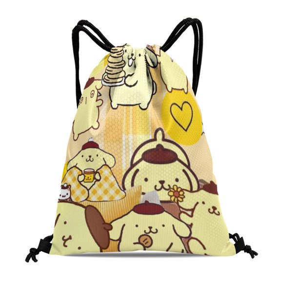Pompompurin Gym Drawstring Backpack:Waterproof design, ideal for hiking, yoga, swimming, travel, beach, and shopping, measuring 15.7*17.7 inches.