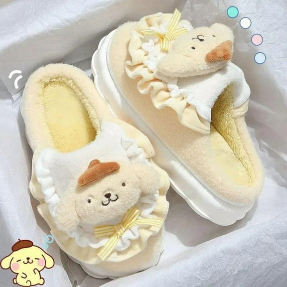 Pompompurin, Kuromi and Hello Kitty Slippers – Cute Cartoon Winter Indoor Shoes – Warm Cotton Plush Home Slippers for Women Girls