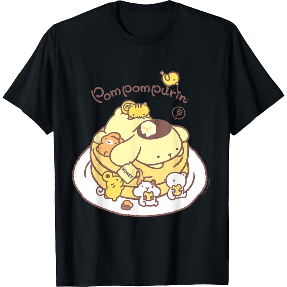 Pompompurin Pancake Friends DTG Print Unisex T-Shirt,Black Color,Size XL