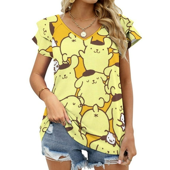 Pompompurin Womens Summer Tops Ruffle Short Sleeve Tunic Tops V Neck Loose Fit Flowy T-Shirts