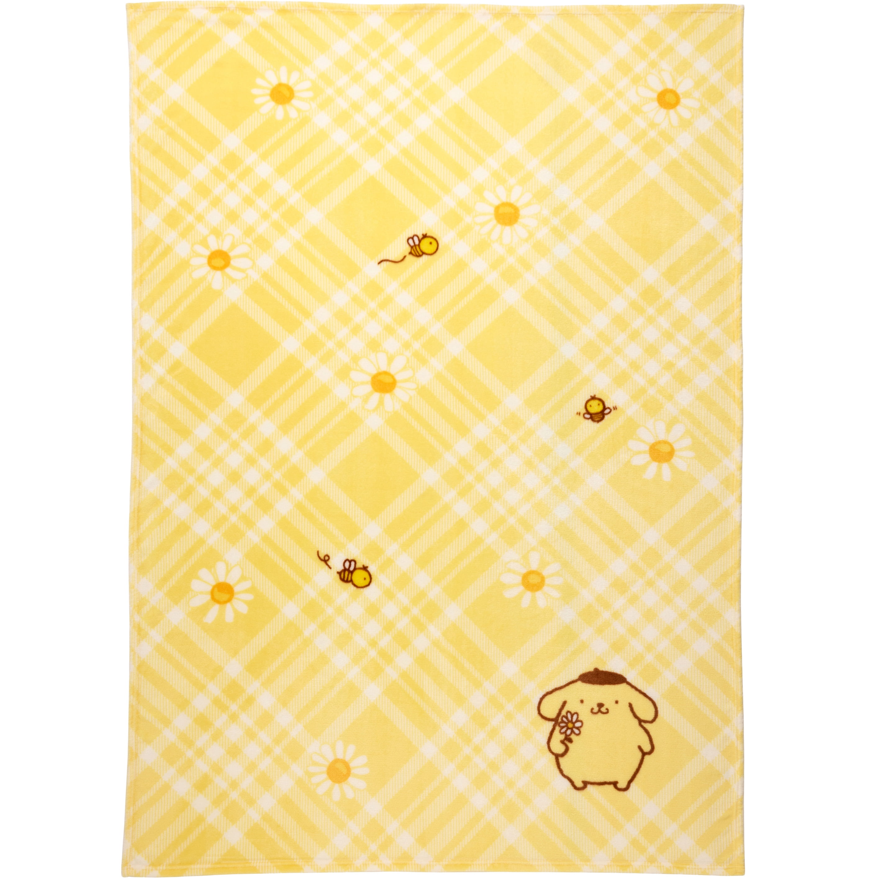 Pompompurin Yellow Gingham Print Fleece Bed Blanket, Twin/Full, Sanrio