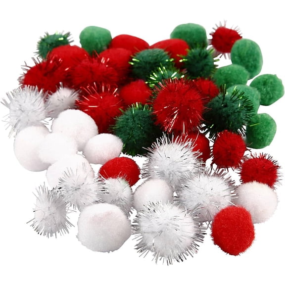 Pompoms, D: 15+20 mm, green, white, red, 48asstd