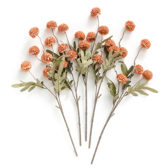 Pompon Mum Artificial Flower, 5pcs Faux Silk Mini Chrysanth with Stems, Bulk Fake Wedding Filler Flowers for DIY Bouquet Centerpieces Arrangements Shower Decorations, Burnt Orange