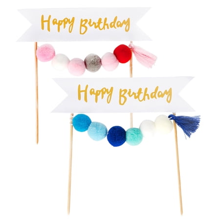 Pompons Happy Birthday Cake Toppers Lovely Cake Insert Cupcake Decor Party Supplies for Birthday Baby Shower (Random Color)