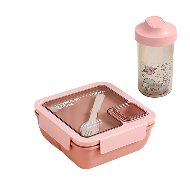 Pompotops 1100ML Portable Plastic Partition Integrated Lunch Box, Multi-functional Light Food Bento Box With Chopsticks Spoon and Water Bottle