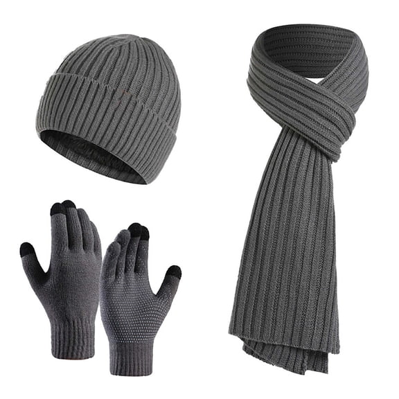 Pompotops 3 in 1 Winter Knit Beanie Hat Scarf and Gloves Set for Men And Women Knitted Thick Warmth Woolen Hat Scarf Gloves Three-piece Suit, Gift, Dark Gray, Winter Clearance