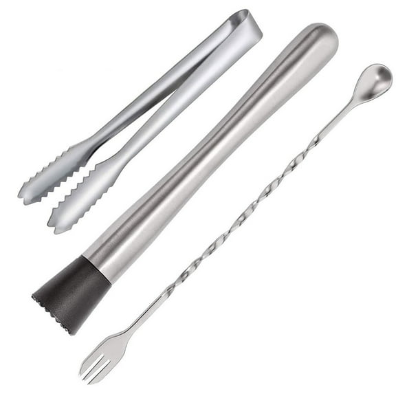 Pompotops 3PC Stainless Steel Cocktail Muddler And Mixing Spoon Home Bar Tool Set, Cocktail Set Mixing Tools, Mini Home Bar Tool Set for Beverages Drink