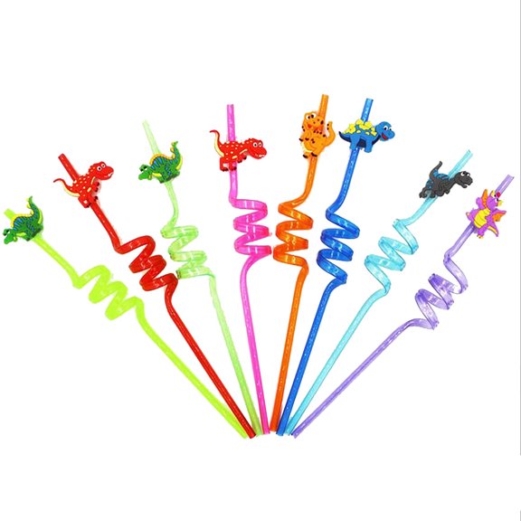 Pompotops 8PCS Reusable Dinosaur Drinking Plastic Straws, New Curved Straw Party Decoration Dinosaur Disposable Straw, Gift for Kids