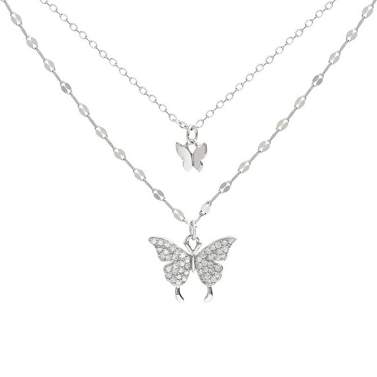 Pompotops 925 Silver Double Butterfly Layered Necklaces Fashion Zircon Butterfly Clavicle Chain Necklace Birthday Anniversary Jewelry Gift for Women