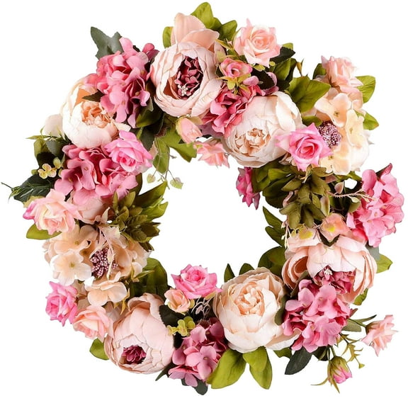 Pompotops Artificial Peony Wreath Door Wreath Spring Wreath Round Wreath Home Decoration