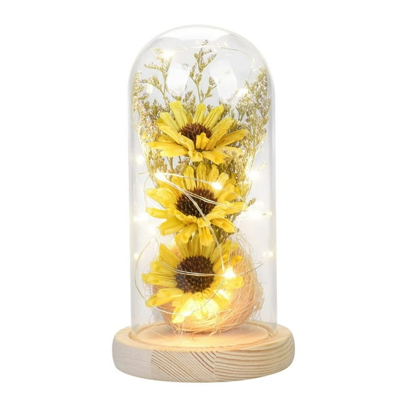 Pompotops Artificial Sunflower in Glass Dome with Led Light Strip Enchanted Sunflower Preserved Flowers Dome Gift for Mother's Day Valentine's Day Birthday Gift